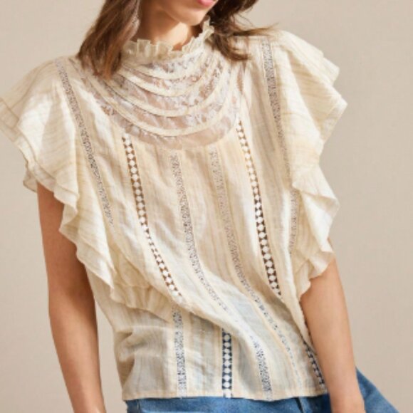 Tops - New 2026 Beige White Ruffle Lace Blouse